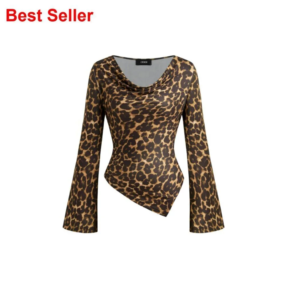 Leopard Print Long Sleeve Cowl Neck Asymmetrical Hem Slim Fit Top Women